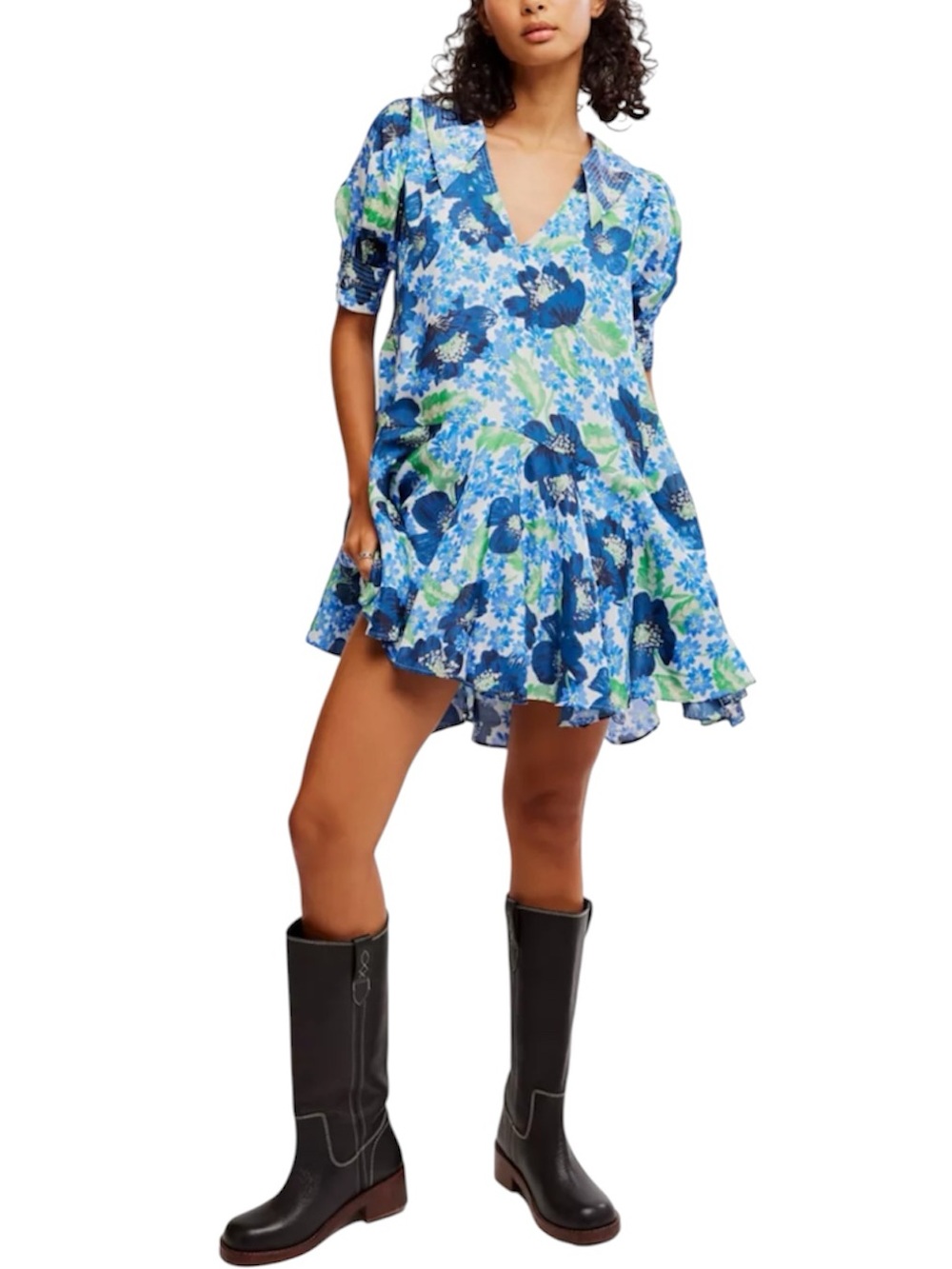 NWT Free People Moon Chaser Mini Dress Blue Green Floral V‑Neck Puff Sleeve XS